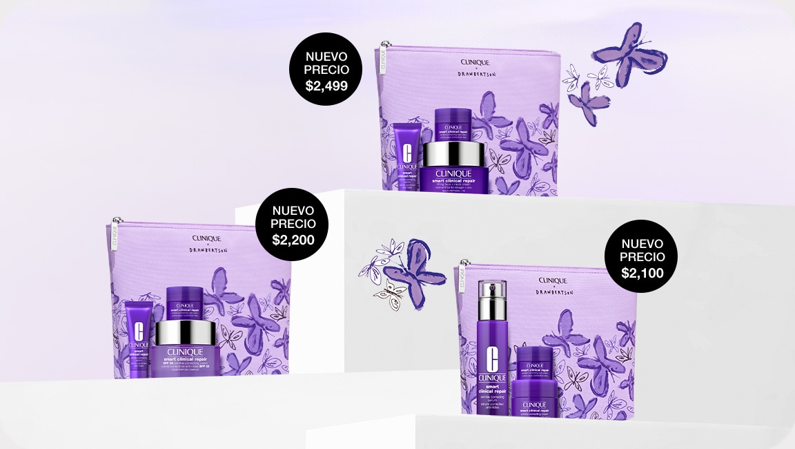 Selection of full-size Clinique products in front of a grey background, with black illustrated sparkles dotted around