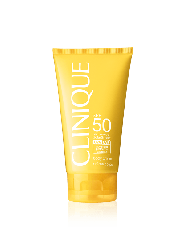 Clinique Sun SPF 50 Sunscreen Body Cream, Con protección y reparación SolarSmart. Potente protección contra los rayos UVA/UVB. Libre de aceite.