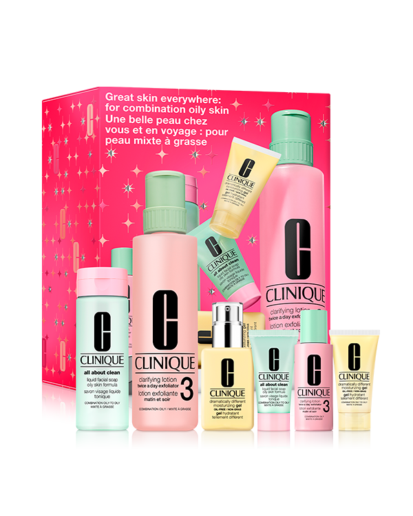 F25 3-STEP SET III/IV, Los tres pasos exclusivos de Clinique para una piel radiante: un set para casa y otro de viaje. Personalizado para pieles grasas.