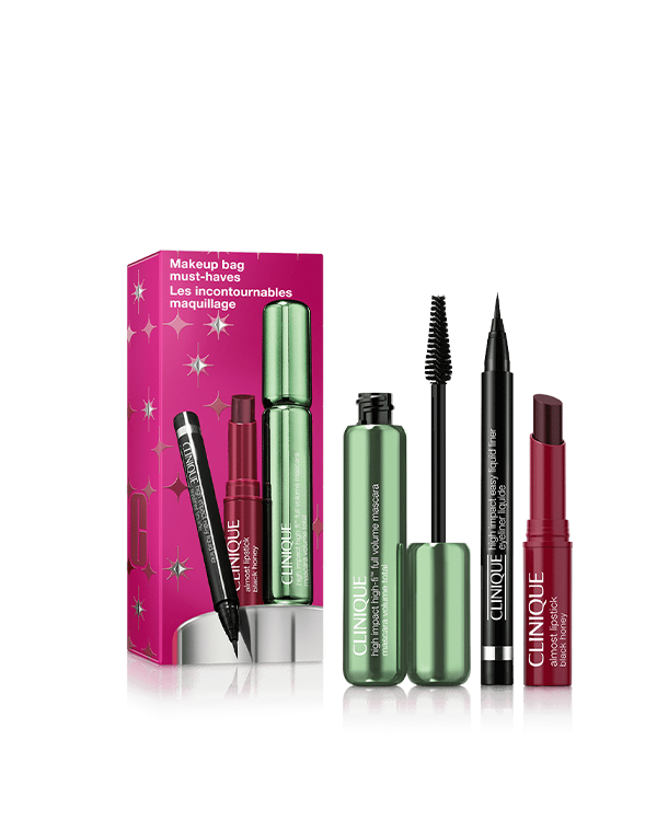 Set de Maquillaje Makeup Bag Must-Haves, Set de maquillaje esencial para una mirada intensa y labios icónicos. Incluye máscara voluminizadora, delineador líquido y labial hidratante en tono Black Honey. Ideal para todo tipo de piel.
