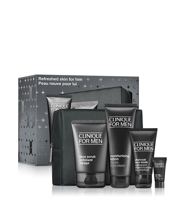 Set de Cuidado de la Piel Refreshed Skin For Him, Set de cuidado facial para una piel fresca y revitalizada. Ideal para hombres que buscan limpieza profunda, hidratación diaria, una piel suave y un aspecto saludable. Incluye limpiador facial, exfoliante para facilitar el afeitado, loción hidratante y crema anti-edad para el contorno de ojos.