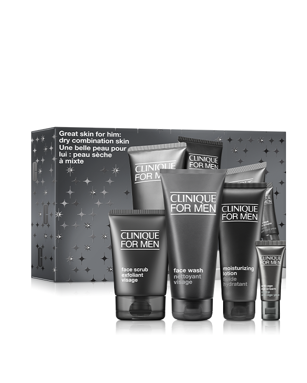 Set para el Cuidado de la Piel Great Skin For Him: For Dry Combination Skin, Rutina completa para hombres con piel mixta-seca. Cuatro esenciales en tamaño real para limpiar, exfoliar, hidratar y cuidar el contorno de ojos.
